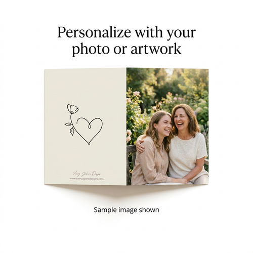 Personalized Heart greeting card mockup with sample photograph of two women and heart illustration on a white background. Personalize with your photo or artwork. Sample image shown.